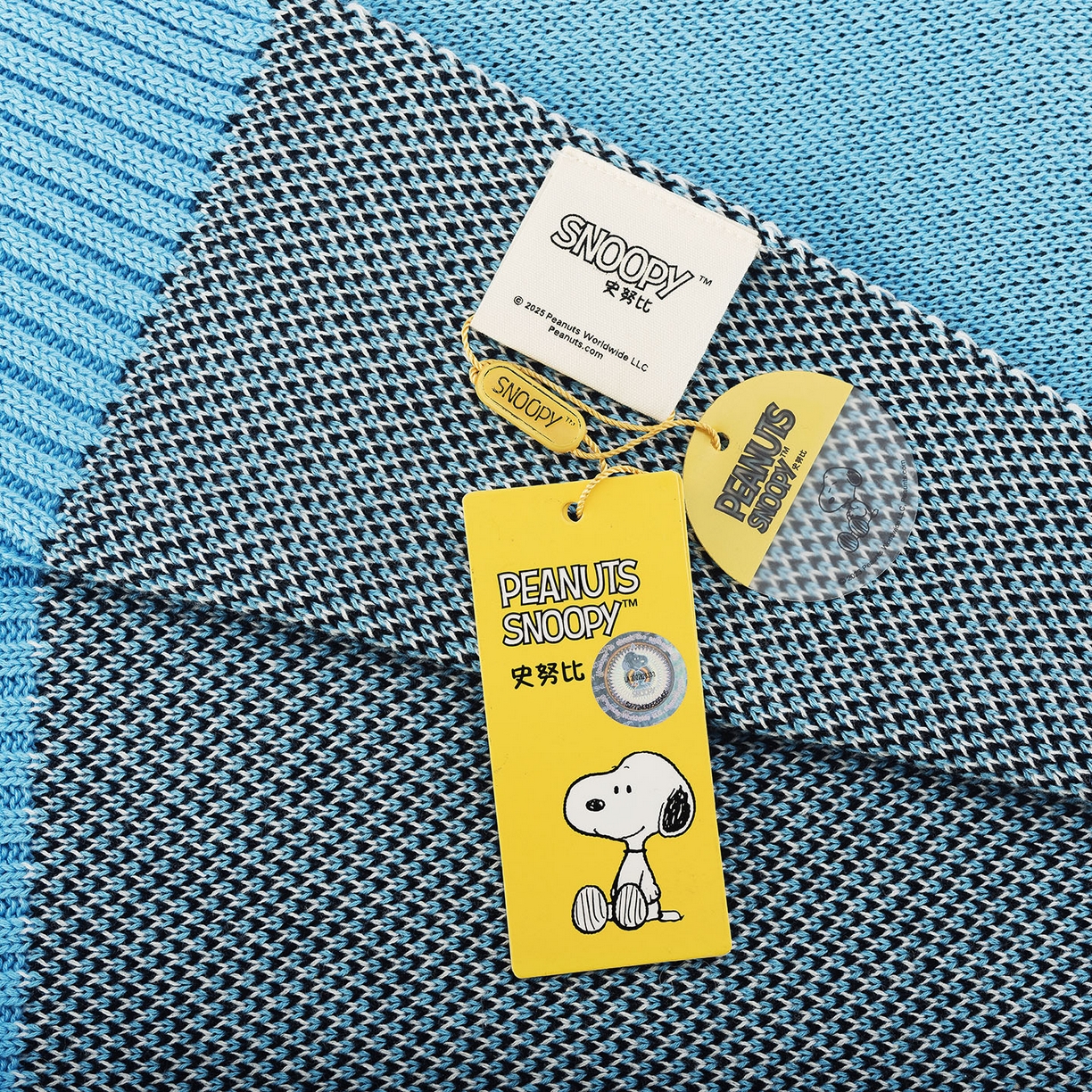 91家纺网 家纺一手货源 找家纺 栩裕纺织 2026新款史努比SNOOPY正版授权独家全棉针织毯多功能针织盖毯 史努比-滑板高手（蓝）