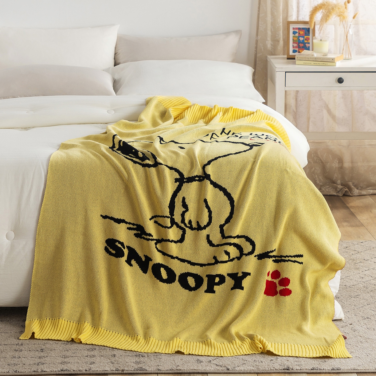 91家纺网 家纺一手货源 找家纺 栩裕纺织 2026新款史努比SNOOPY正版授权独家全棉针织毯多功能针织盖毯 史努比-世界限定（黄）