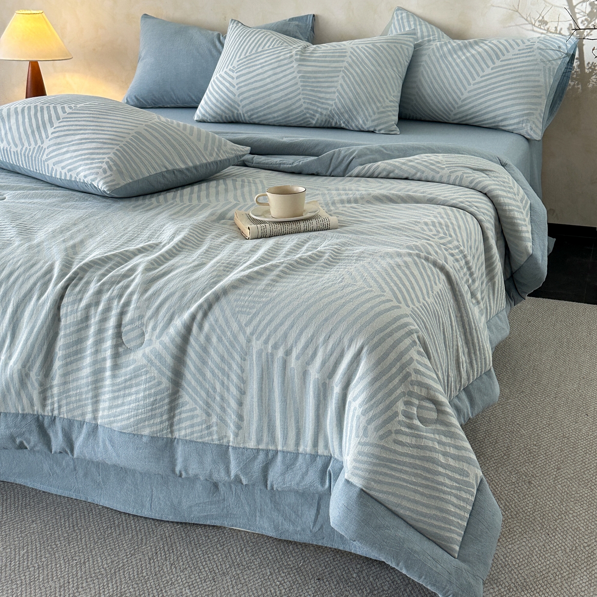 91家纺网 家纺一手货源 找家纺 如一 2026新款A类色织提花全棉双层纱水洗棉夏被夏凉被空调被四件套 序章蓝