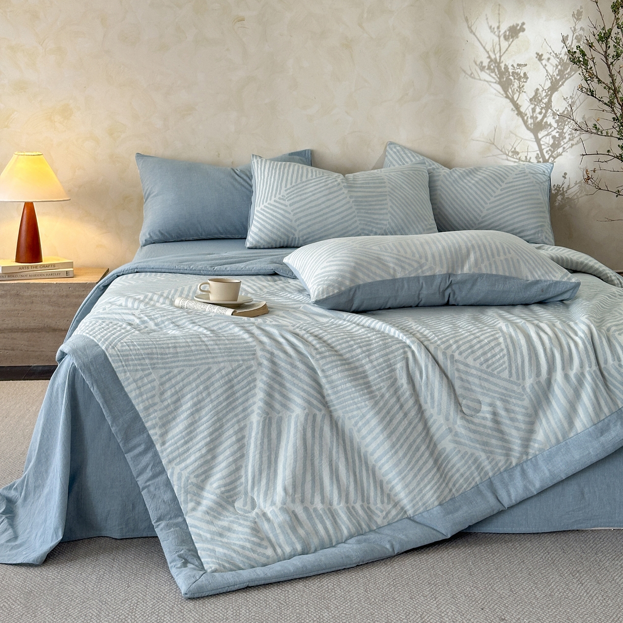 91家纺网 家纺一手货源 找家纺 如一 2026新款A类色织提花全棉双层纱水洗棉夏被夏凉被空调被四件套 序章蓝