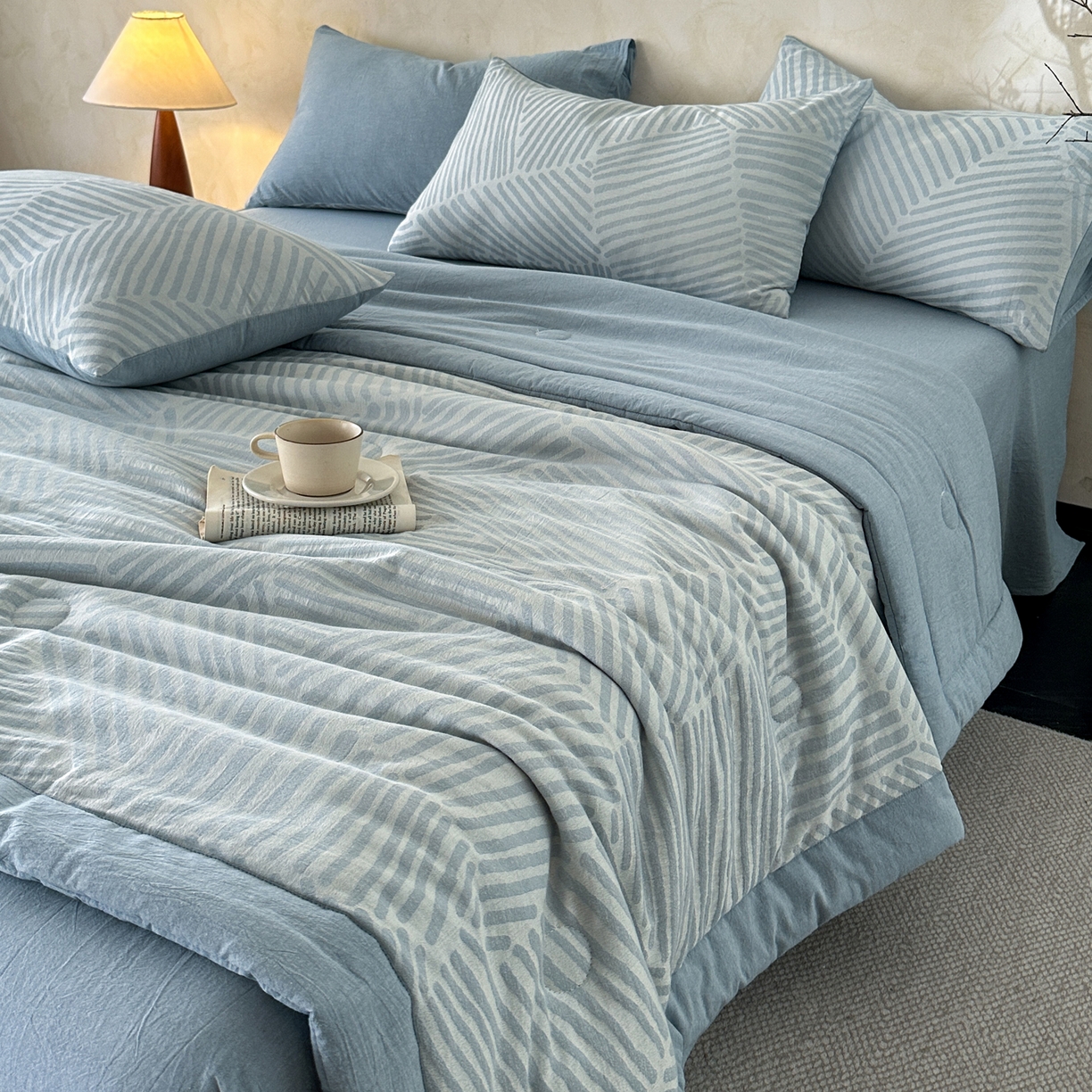 91家纺网 家纺一手货源 找家纺 如一 2026新款A类色织提花全棉双层纱水洗棉夏被夏凉被空调被四件套 序章蓝