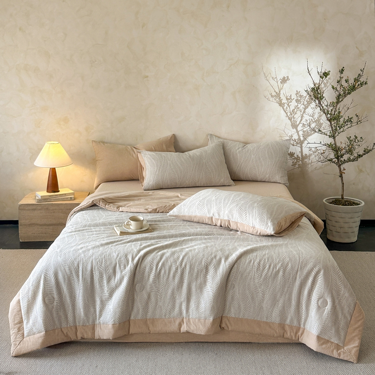 91家纺网 家纺一手货源 找家纺 如一 2026新款A类色织提花全棉双层纱水洗棉夏被夏凉被空调被四件套 叶笙咖