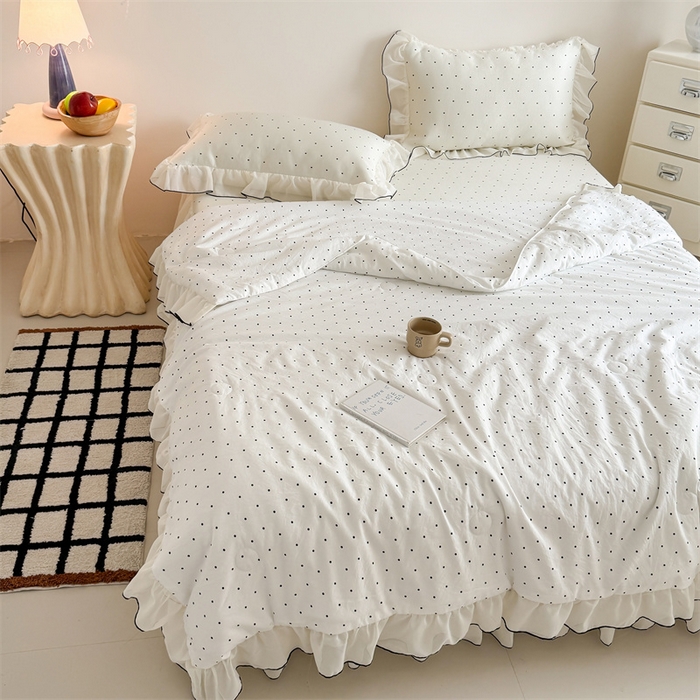 91家纺网 家纺一手货源 找家纺 吾欢心 2026夏季新款甜梦系列PE凉感提花凉席430克高克重蕾丝床裙款冰丝软席三件套 甜梦白