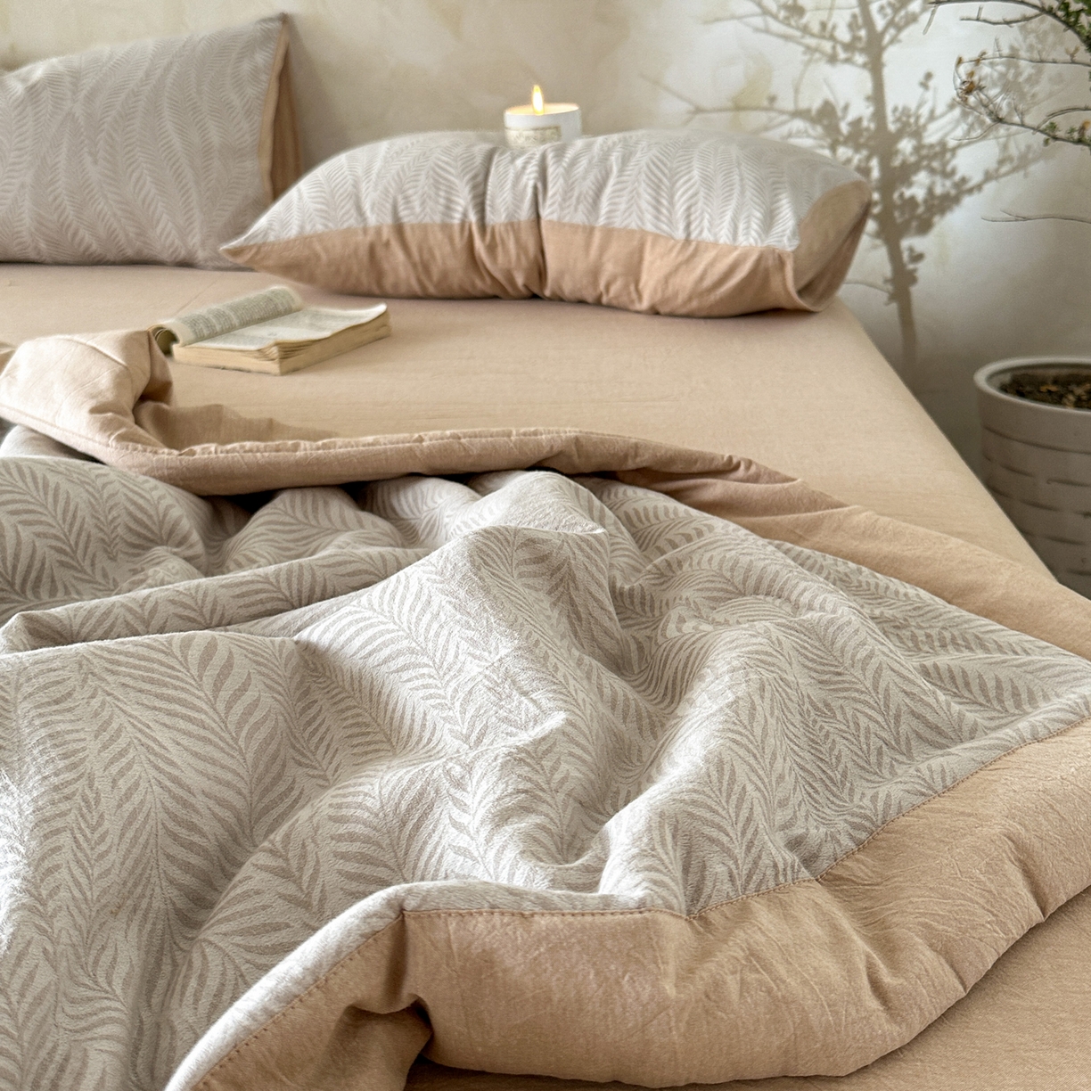 91家纺网 家纺一手货源 找家纺 如一 2026新款A类色织提花全棉双层纱水洗棉夏被夏凉被空调被四件套 叶笙咖