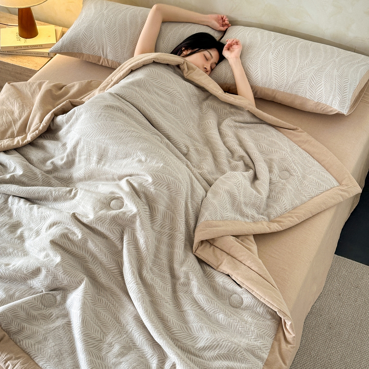 如一 2026新款A类色织提花全棉双层纱水洗棉夏被夏凉被空调被四件套 叶笙咖