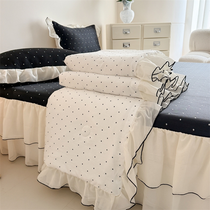 91家纺网 家纺一手货源 找家纺 吾欢心 2026夏季新款甜梦系列PE凉感提花凉席430克高克重蕾丝床裙款冰丝软席三件套 甜梦黑