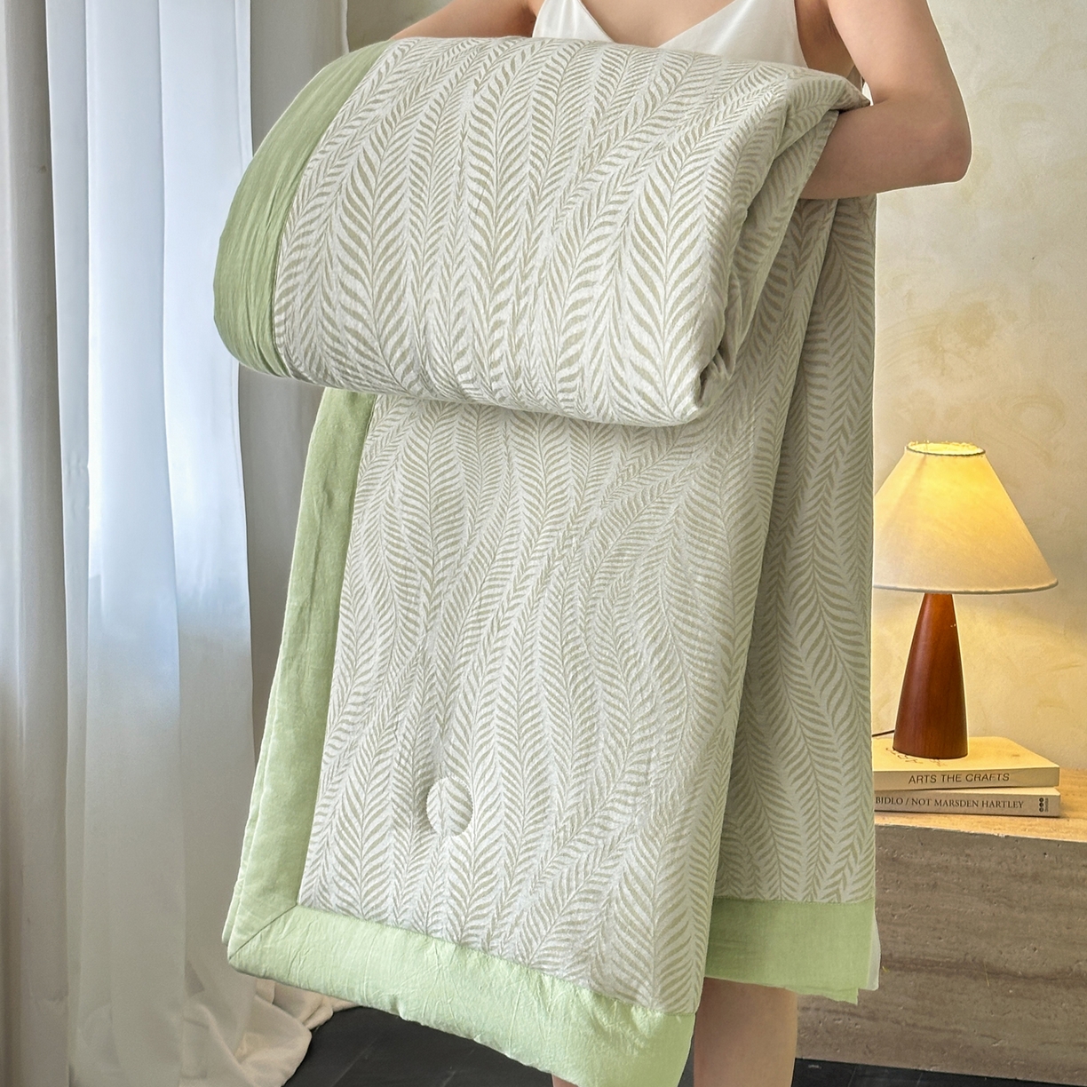 91家纺网 家纺一手货源 找家纺 如一 2026新款A类色织提花全棉双层纱水洗棉夏被夏凉被空调被四件套 叶笙绿