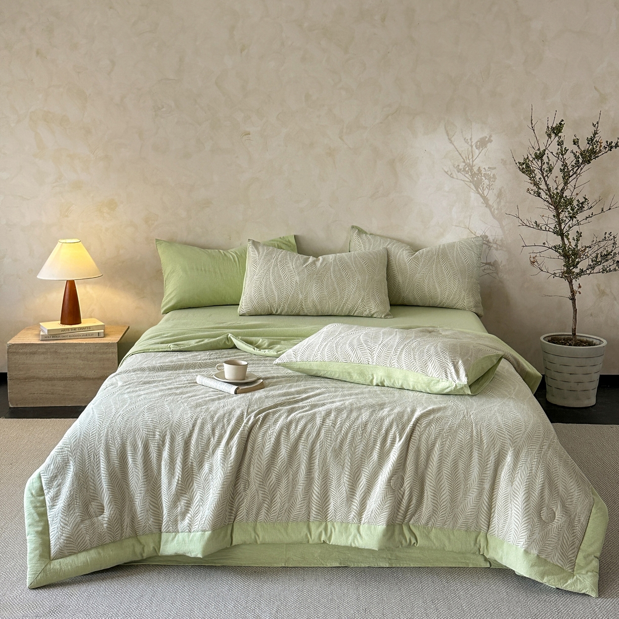 91家纺网 家纺一手货源 找家纺 如一 2026新款A类色织提花全棉双层纱水洗棉夏被夏凉被空调被四件套 叶笙绿