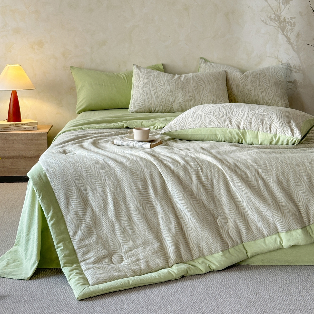 91家纺网 家纺一手货源 找家纺 如一 2026新款A类色织提花全棉双层纱水洗棉夏被夏凉被空调被四件套 叶笙绿