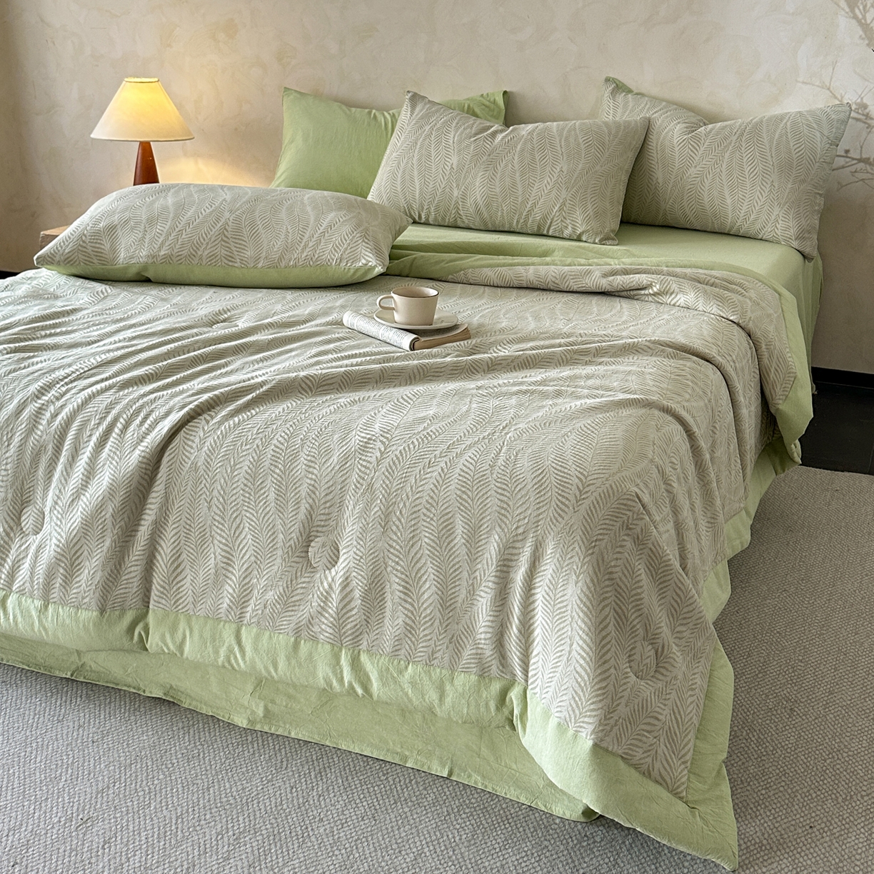 91家纺网 家纺一手货源 找家纺 如一 2026新款A类色织提花全棉双层纱水洗棉夏被夏凉被空调被四件套 叶笙绿