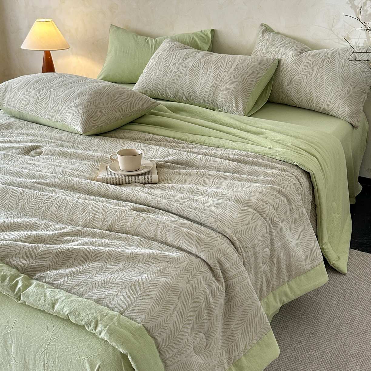 91家纺网 家纺一手货源 找家纺 如一 2026新款A类色织提花全棉双层纱水洗棉夏被夏凉被空调被四件套 叶笙绿