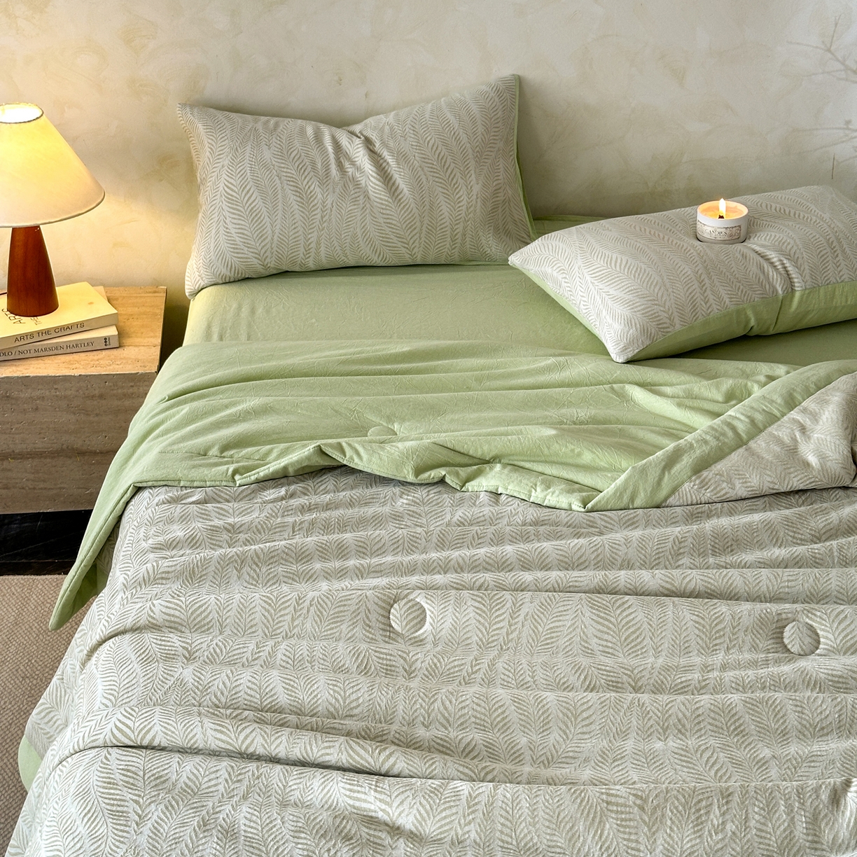 91家纺网 家纺一手货源 找家纺 如一 2026新款A类色织提花全棉双层纱水洗棉夏被夏凉被空调被四件套 叶笙绿