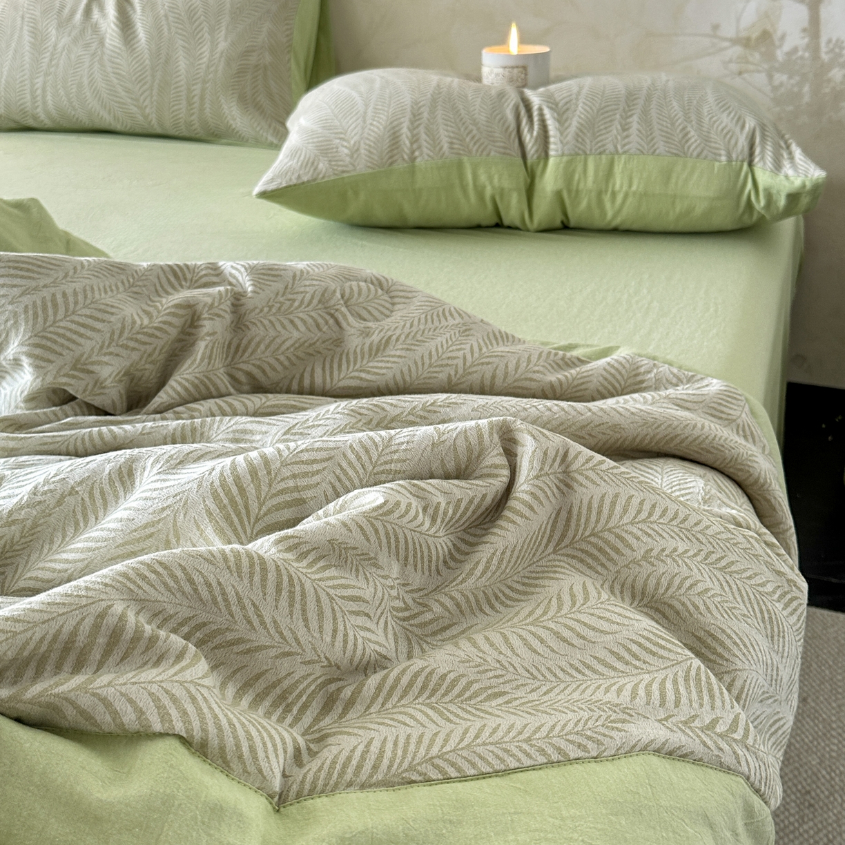 91家纺网 家纺一手货源 找家纺 如一 2026新款A类色织提花全棉双层纱水洗棉夏被夏凉被空调被四件套 叶笙绿