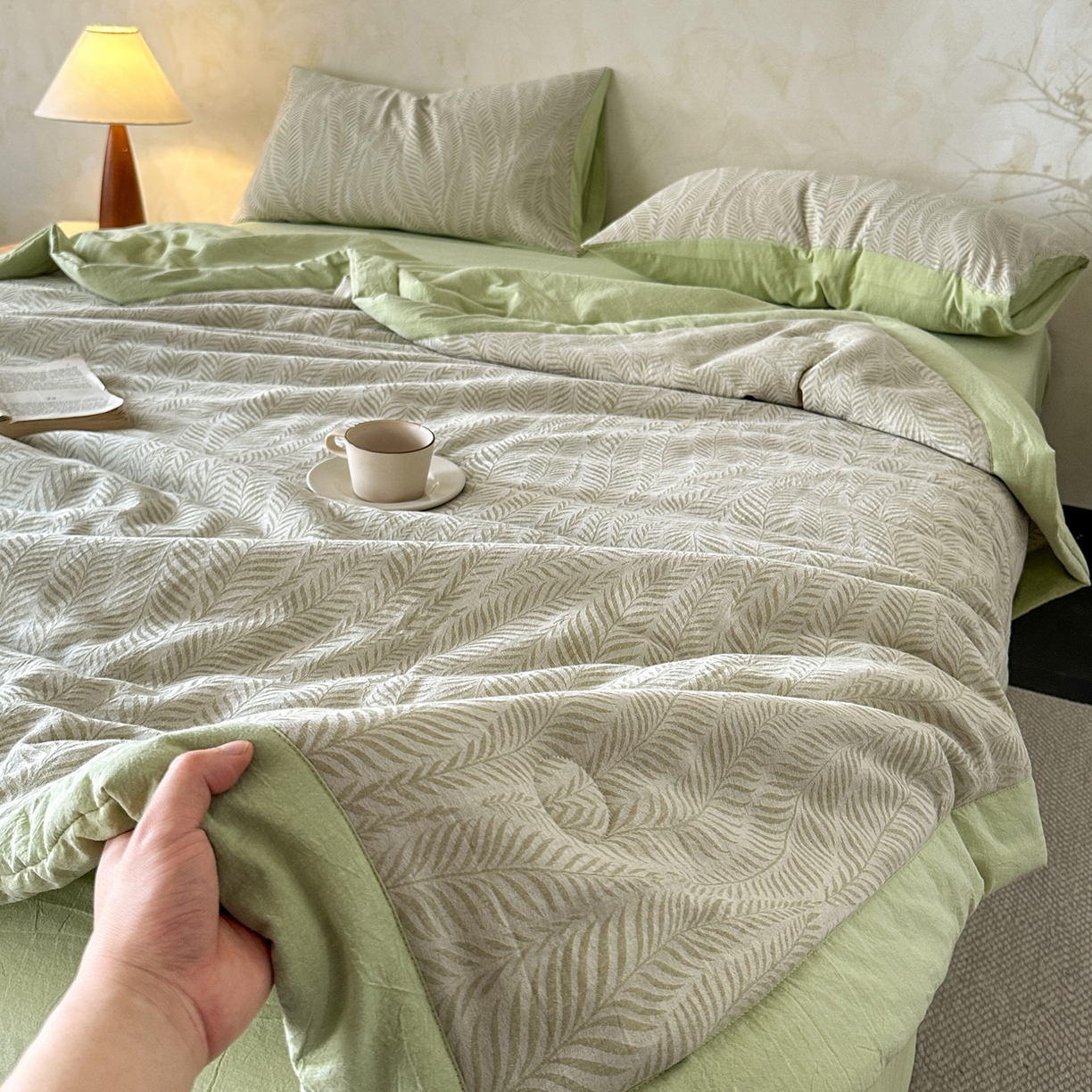 91家纺网 家纺一手货源 找家纺 如一 2026新款A类色织提花全棉双层纱水洗棉夏被夏凉被空调被四件套 叶笙绿