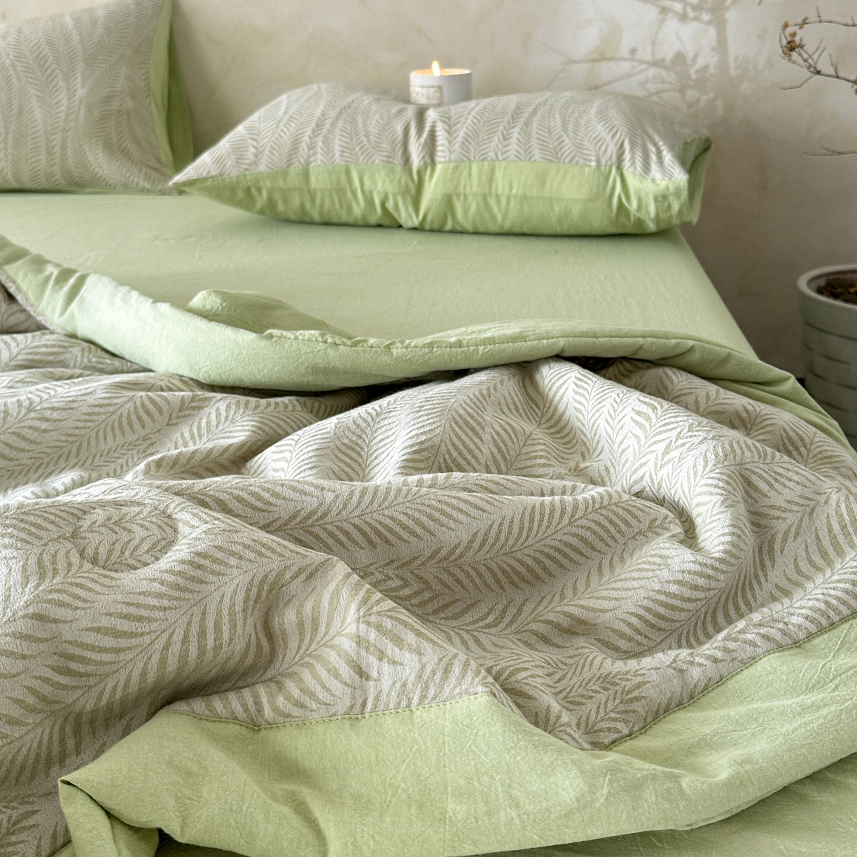 91家纺网 家纺一手货源 找家纺 如一 2026新款A类色织提花全棉双层纱水洗棉夏被夏凉被空调被四件套 叶笙绿