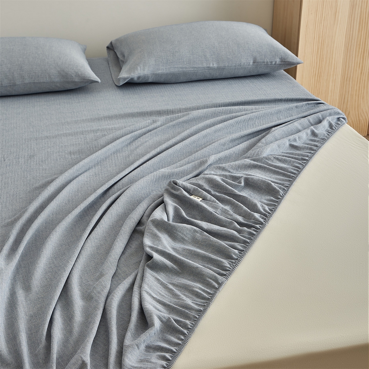 91家纺网 家纺一手货源 找家纺 女子家纺 2026新款纯色水洗棉麻床笠单床笠床笠单件 慕斯蓝