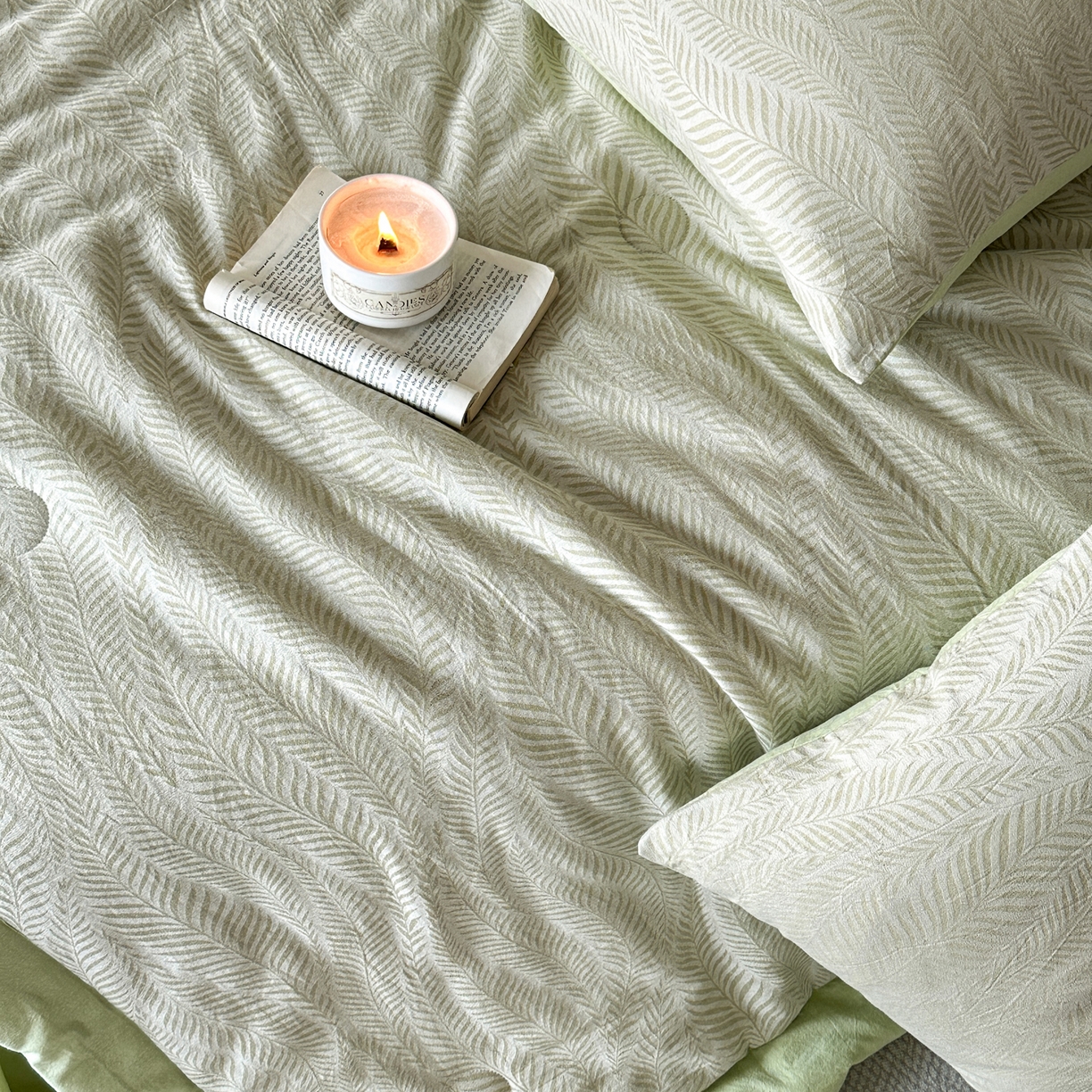 91家纺网 家纺一手货源 找家纺 如一 2026新款A类色织提花全棉双层纱水洗棉夏被夏凉被空调被四件套 叶笙绿