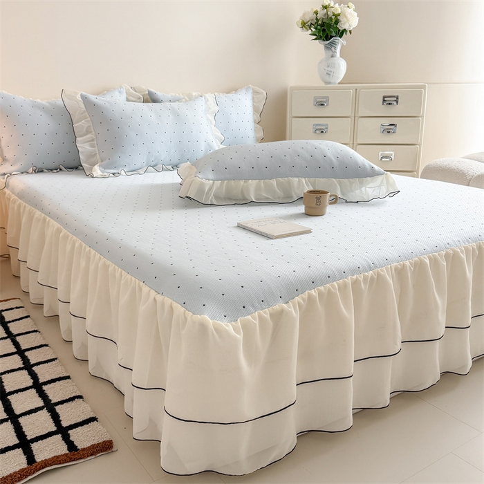 吾欢心 2026夏季新款甜梦系列PE凉感提花凉席430克高克重蕾丝床裙款冰丝软席三件套 甜梦蓝