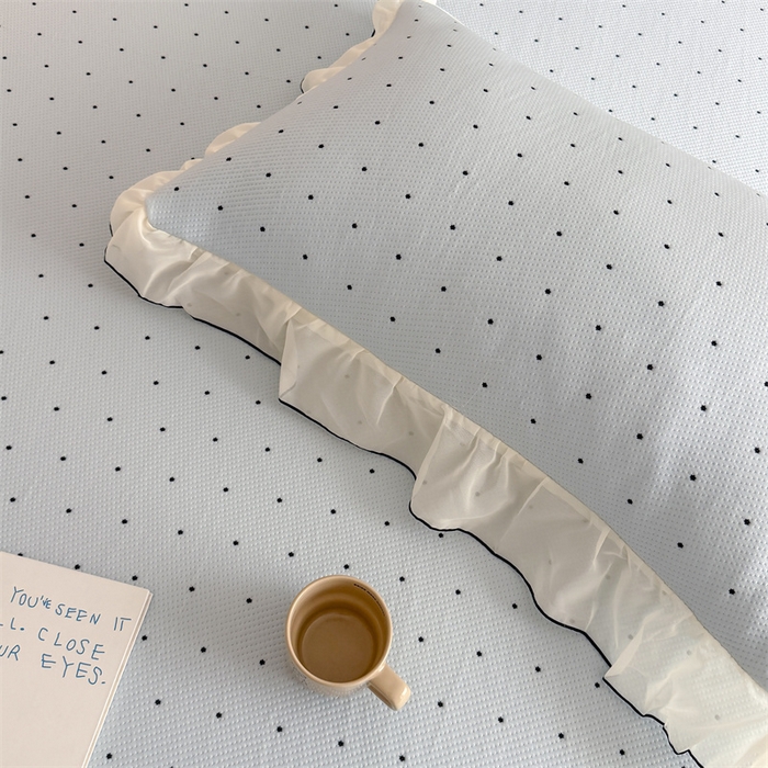 91家纺网 家纺一手货源 找家纺 吾欢心 2026夏季新款甜梦系列PE凉感提花凉席430克高克重蕾丝床裙款冰丝软席三件套 甜梦蓝