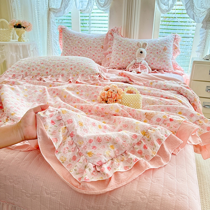 91家纺网 家纺一手货源 找家纺 苏米娜家纺 2026新款韩版双层花边木棉皱皱纱夏被床盖款四件套-小清新系列 清新花语