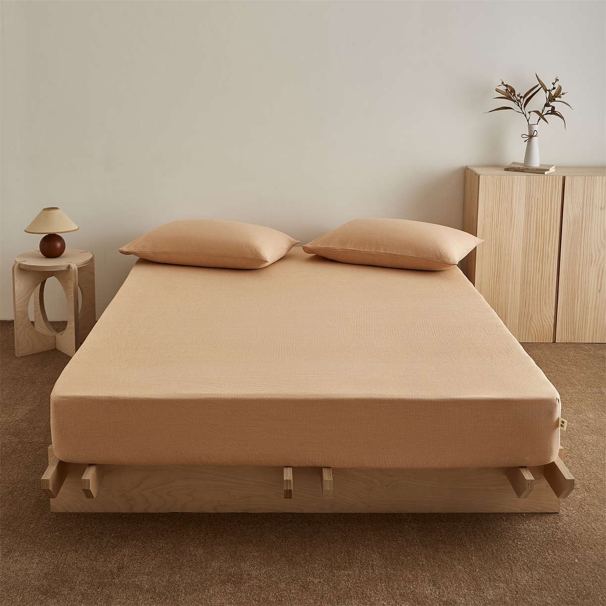 91家纺网 家纺一手货源 找家纺 女子家纺 2026新款纯色水洗棉麻床笠单床笠床笠单件 南瓜橘