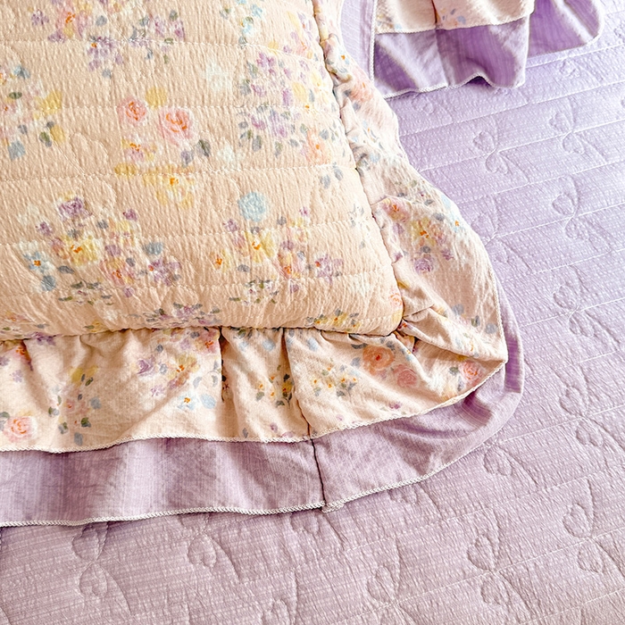 91家纺网 家纺一手货源 找家纺 苏米娜家纺 2026新款韩版双层花边木棉皱皱纱夏被床盖款四件套-小清新系列 紫薇