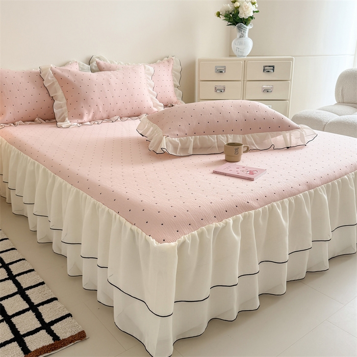 吾欢心 2026夏季新款甜梦系列PE凉感提花凉席430克高克重蕾丝床裙款冰丝软席三件套 甜梦奶芙粉