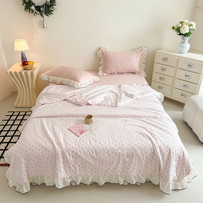 91家纺网 家纺一手货源 找家纺 吾欢心 2026夏季新款甜梦系列PE凉感提花凉席430克高克重蕾丝床裙款冰丝软席三件套 甜梦奶芙粉