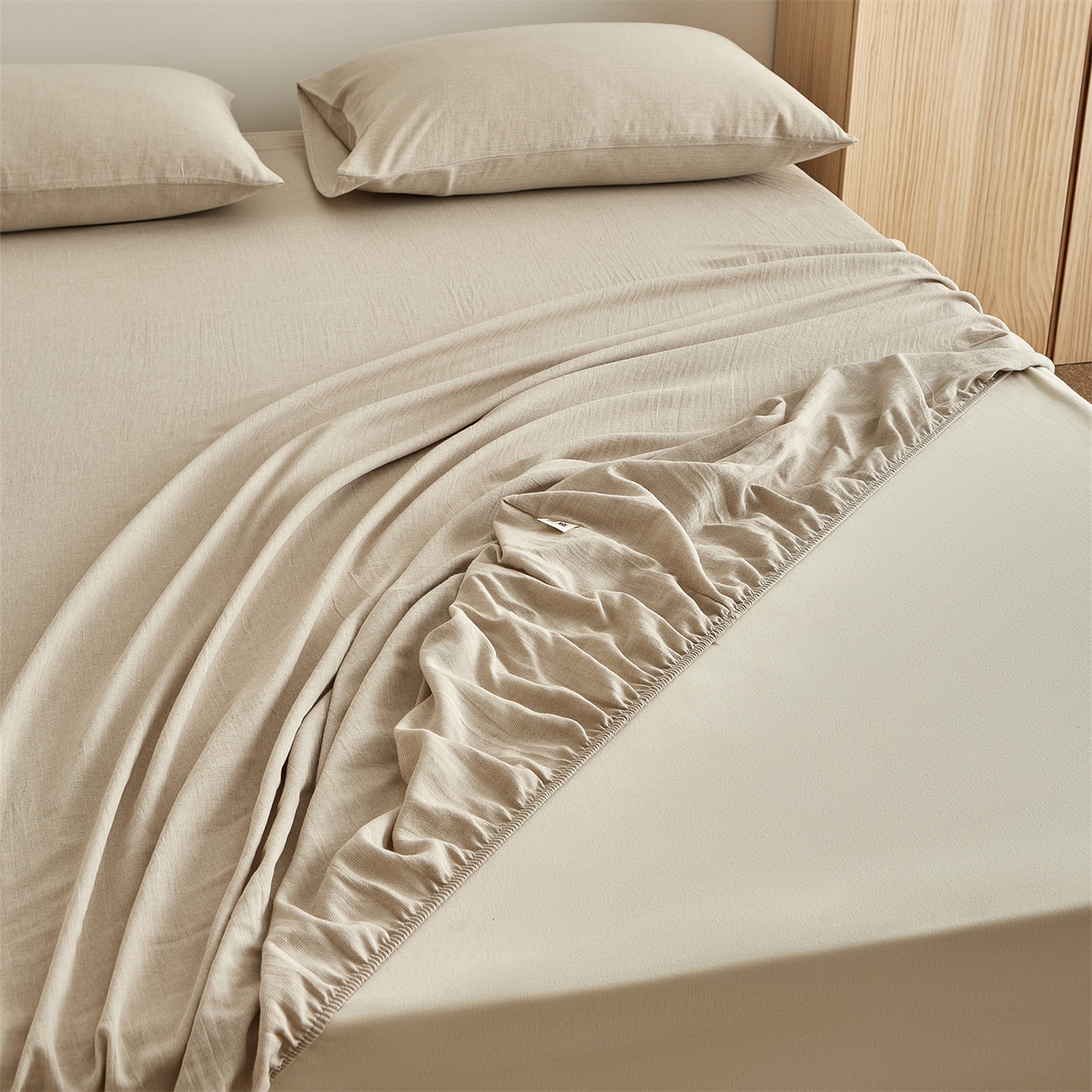 91家纺网 家纺一手货源 找家纺 女子家纺 2026新款纯色水洗棉麻床笠单床笠床笠单件 浅米杏