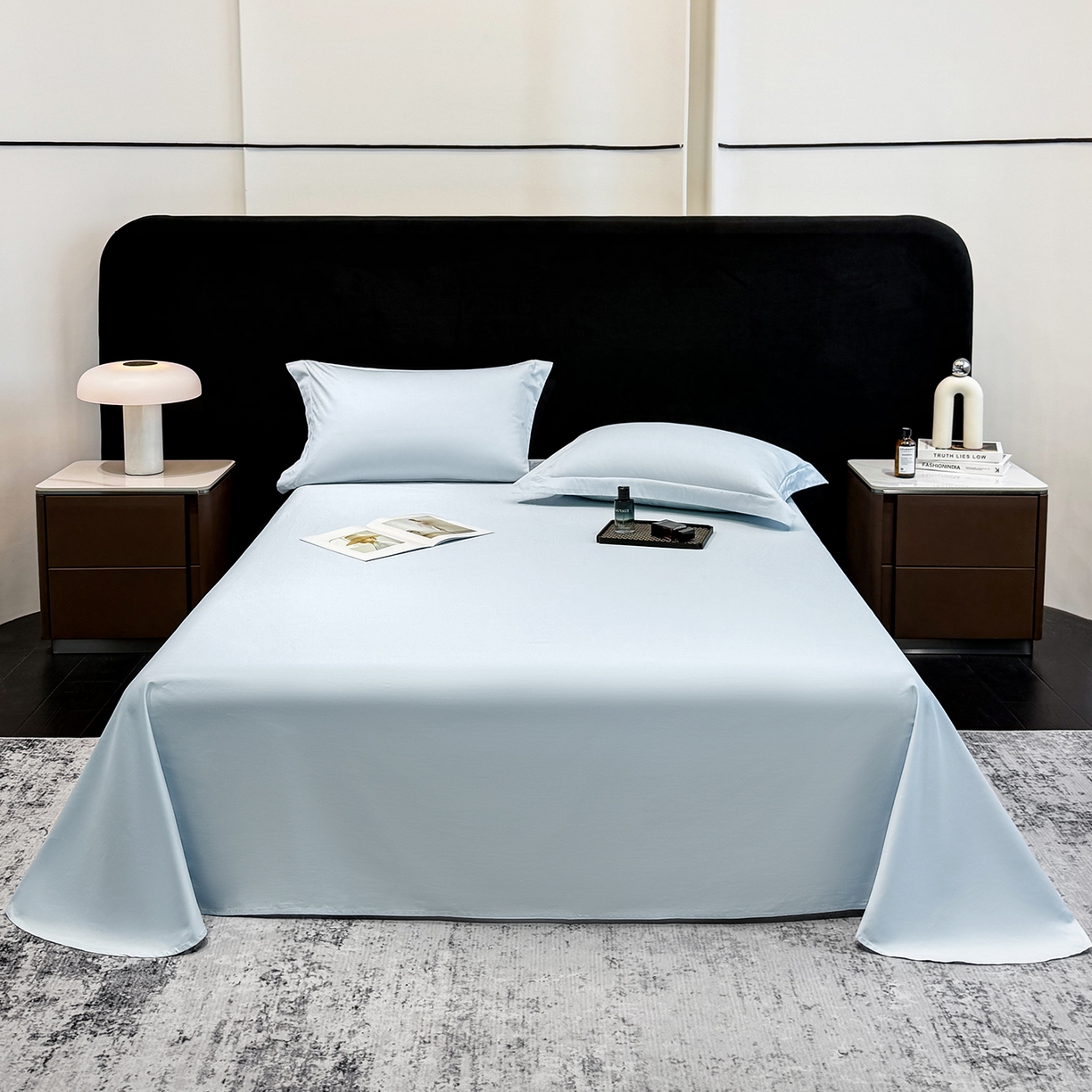 欣宜家纺 2026春夏新款100支全棉纯棉50x50s贡缎长绒棉纯色素色单品床单 床单单件 天空蓝