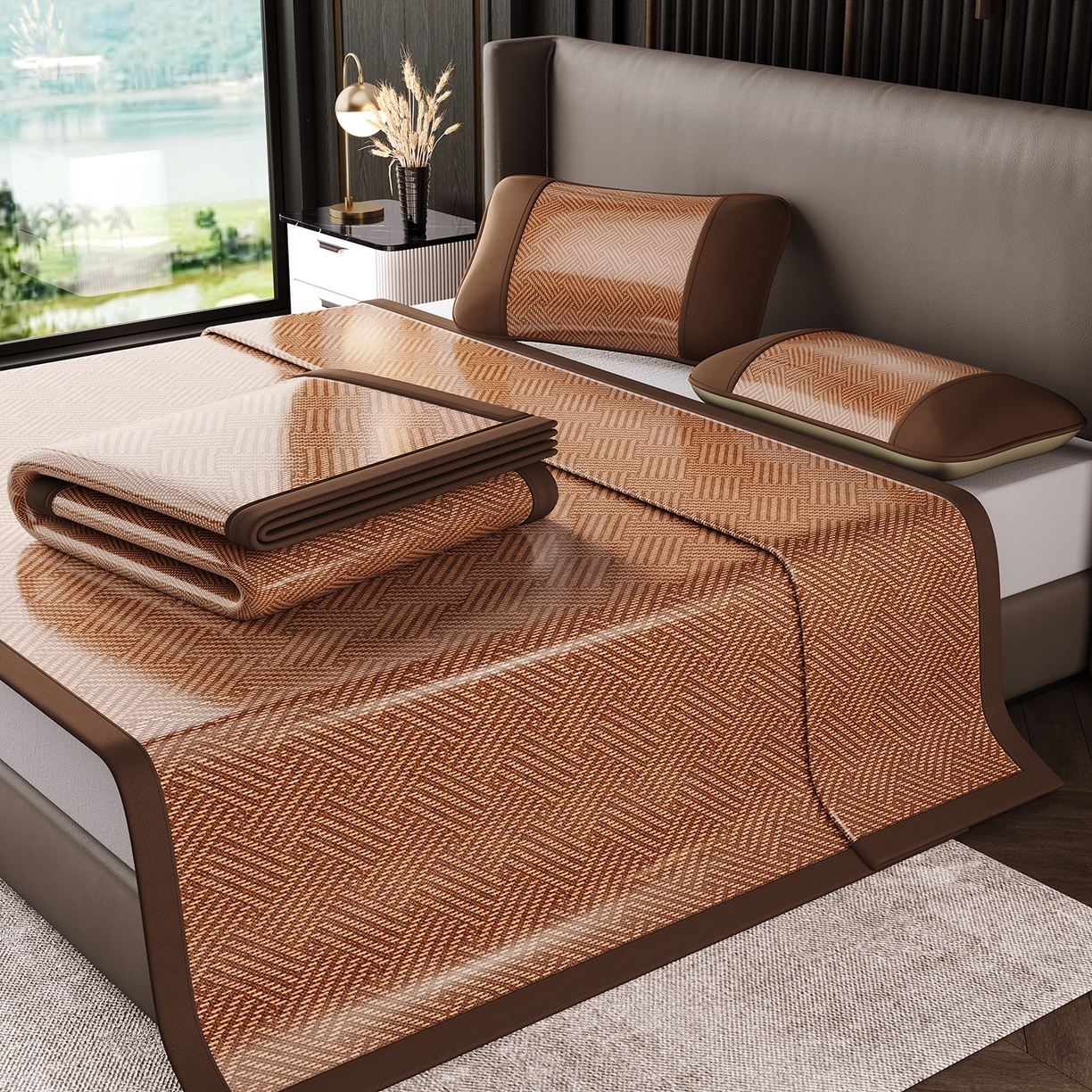 91家纺网 家纺一手货源 找家纺 永旺家纺 2026新款全包双面藤席凉席 饼干花