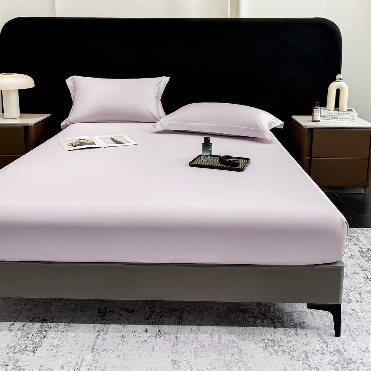 91家纺网 家纺一手货源 找家纺 欣宜家纺 2026春夏新款100支全棉纯棉50x50s贡缎长绒棉纯色素色单品床笠 床笠单件 香芋紫