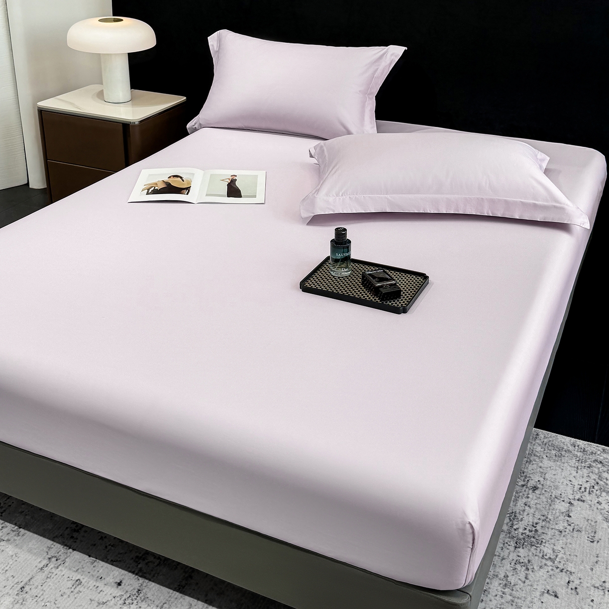 91家纺网 家纺一手货源 找家纺 欣宜家纺 2026春夏新款100支全棉纯棉50x50s贡缎长绒棉纯色素色单品床笠 床笠单件 香芋紫