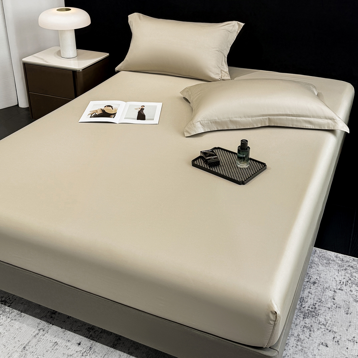 91家纺网 家纺一手货源 找家纺 欣宜家纺 2026春夏新款100支全棉纯棉50x50s贡缎长绒棉纯色素色单品床笠 床笠单件 浅驼