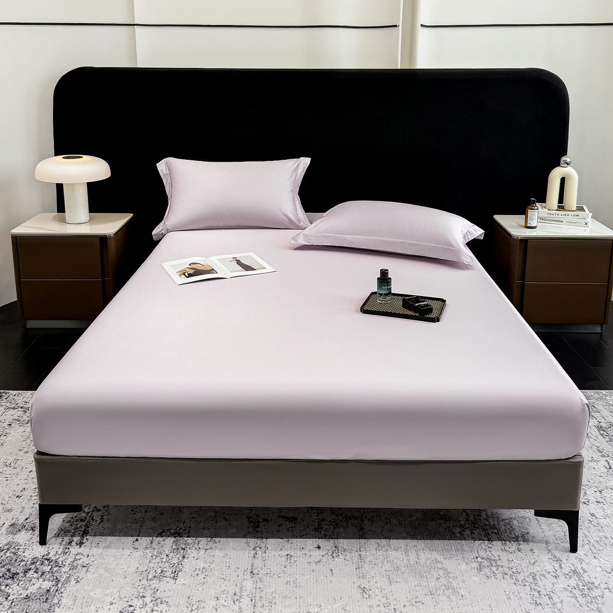 91家纺网 家纺一手货源 找家纺 欣宜家纺 2026春夏新款100支全棉纯棉50x50s贡缎长绒棉纯色素色单品床笠 床笠单件 香芋紫