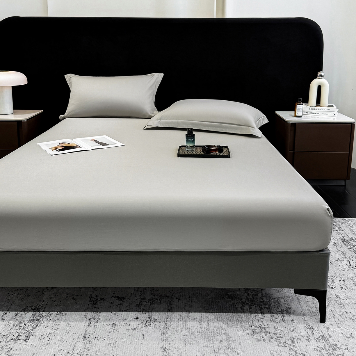 91家纺网 家纺一手货源 找家纺 欣宜家纺 2026春夏新款100支全棉纯棉50x50s贡缎长绒棉纯色素色单品床笠 床笠单件 高级灰