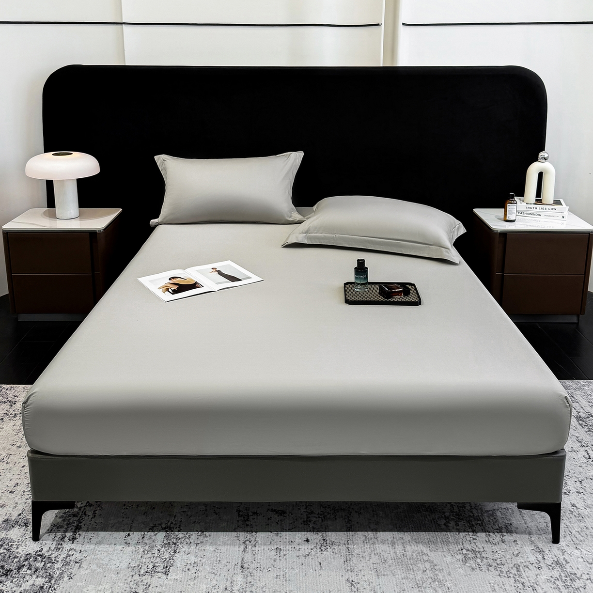 91家纺网 家纺一手货源 找家纺 欣宜家纺 2026春夏新款100支全棉纯棉50x50s贡缎长绒棉纯色素色单品床笠 床笠单件 高级灰