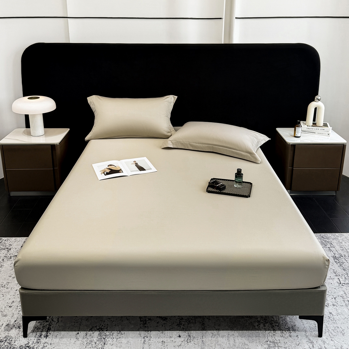 91家纺网 家纺一手货源 找家纺 欣宜家纺 2026春夏新款100支全棉纯棉50x50s贡缎长绒棉纯色素色单品床笠 床笠单件 浅驼