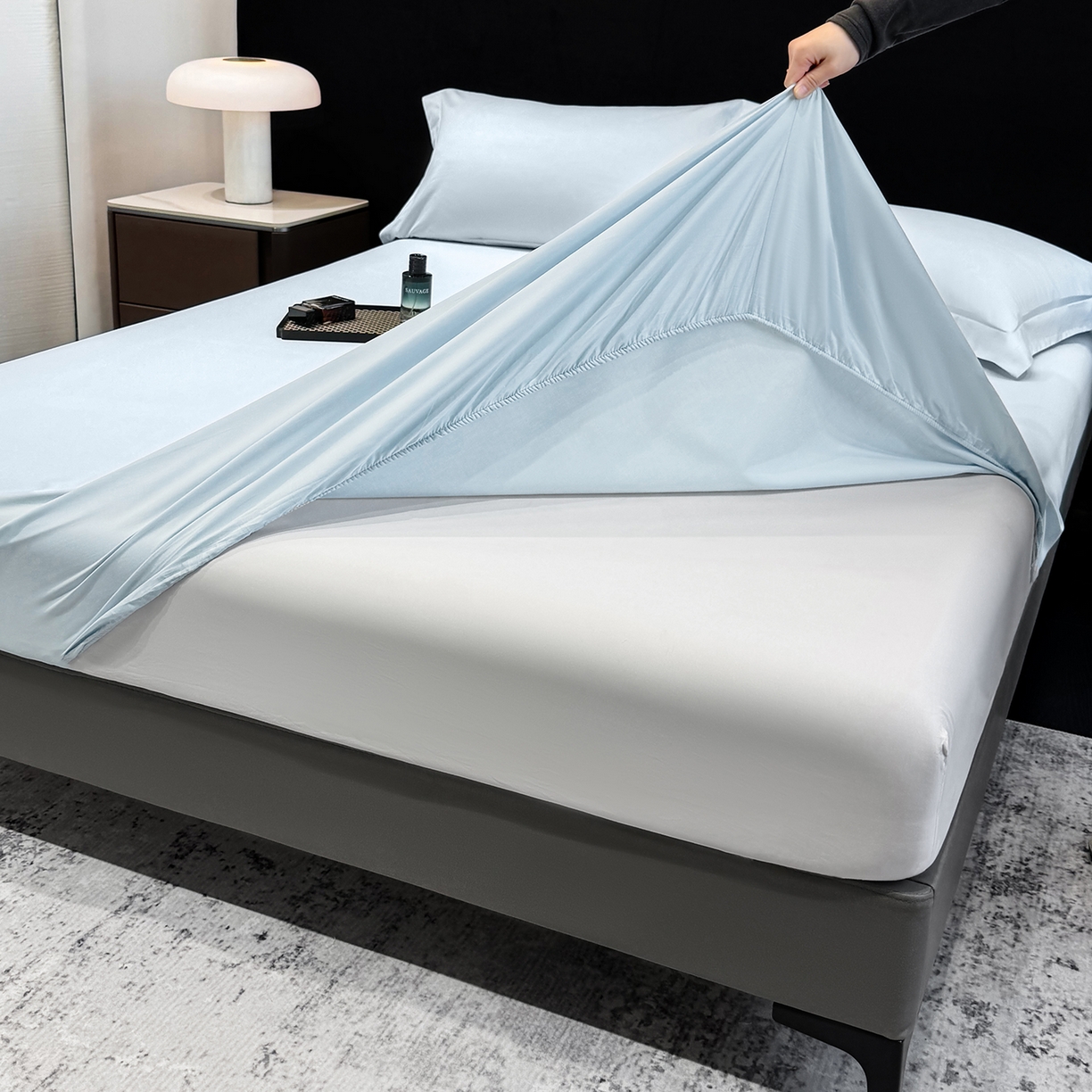 91家纺网 家纺一手货源 找家纺 欣宜家纺 2026春夏新款100支全棉纯棉50x50s贡缎长绒棉纯色素色单品床笠 床笠单件 天空蓝