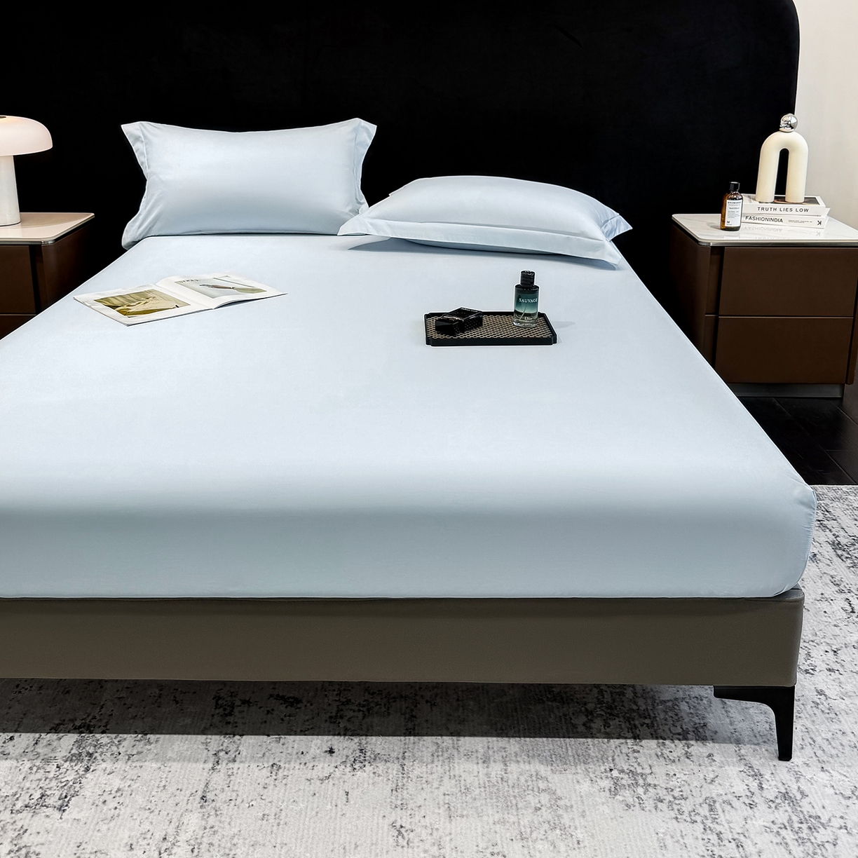 91家纺网 家纺一手货源 找家纺 欣宜家纺 2026春夏新款100支全棉纯棉50x50s贡缎长绒棉纯色素色单品床笠 床笠单件 天空蓝