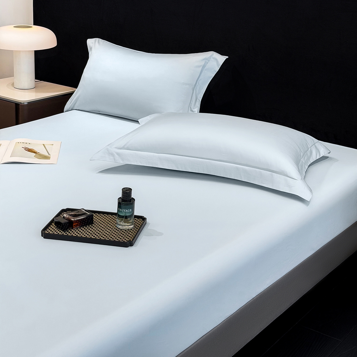 91家纺网 家纺一手货源 找家纺 欣宜家纺 2026春夏新款100支全棉纯棉50x50s贡缎长绒棉纯色素色单品床笠 床笠单件 天空蓝