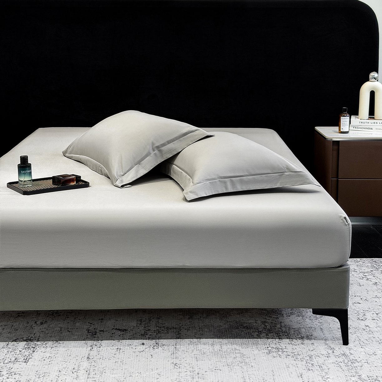 91家纺网 家纺一手货源 找家纺 欣宜家纺 2026春夏新款100支全棉纯棉50x50s贡缎长绒棉纯色素色单品床笠 床笠单件 高级灰