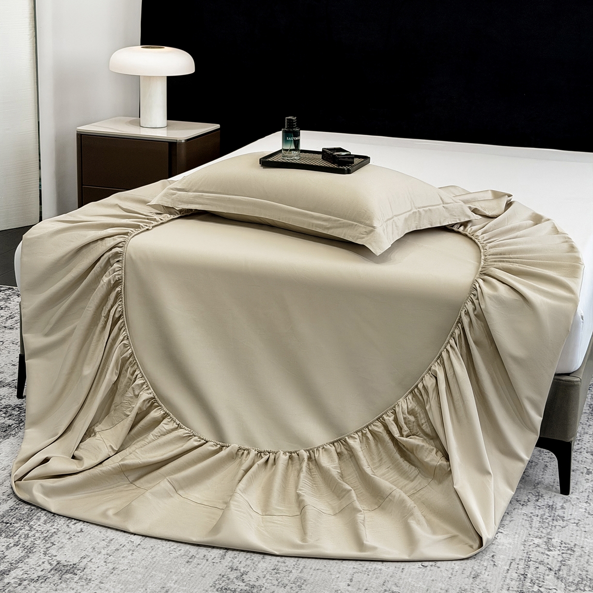 91家纺网 家纺一手货源 找家纺 欣宜家纺 2026春夏新款100支全棉纯棉50x50s贡缎长绒棉纯色素色单品床笠 床笠单件 浅驼