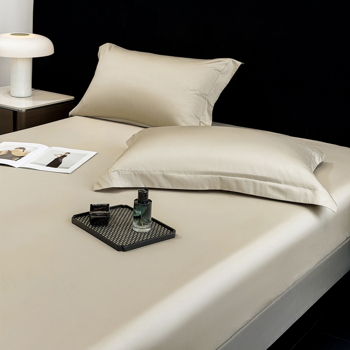 91家纺网 家纺一手货源 找家纺 欣宜家纺 2026春夏新款100支全棉纯棉50x50s贡缎长绒棉纯色素色单品床笠 床笠单件 浅驼