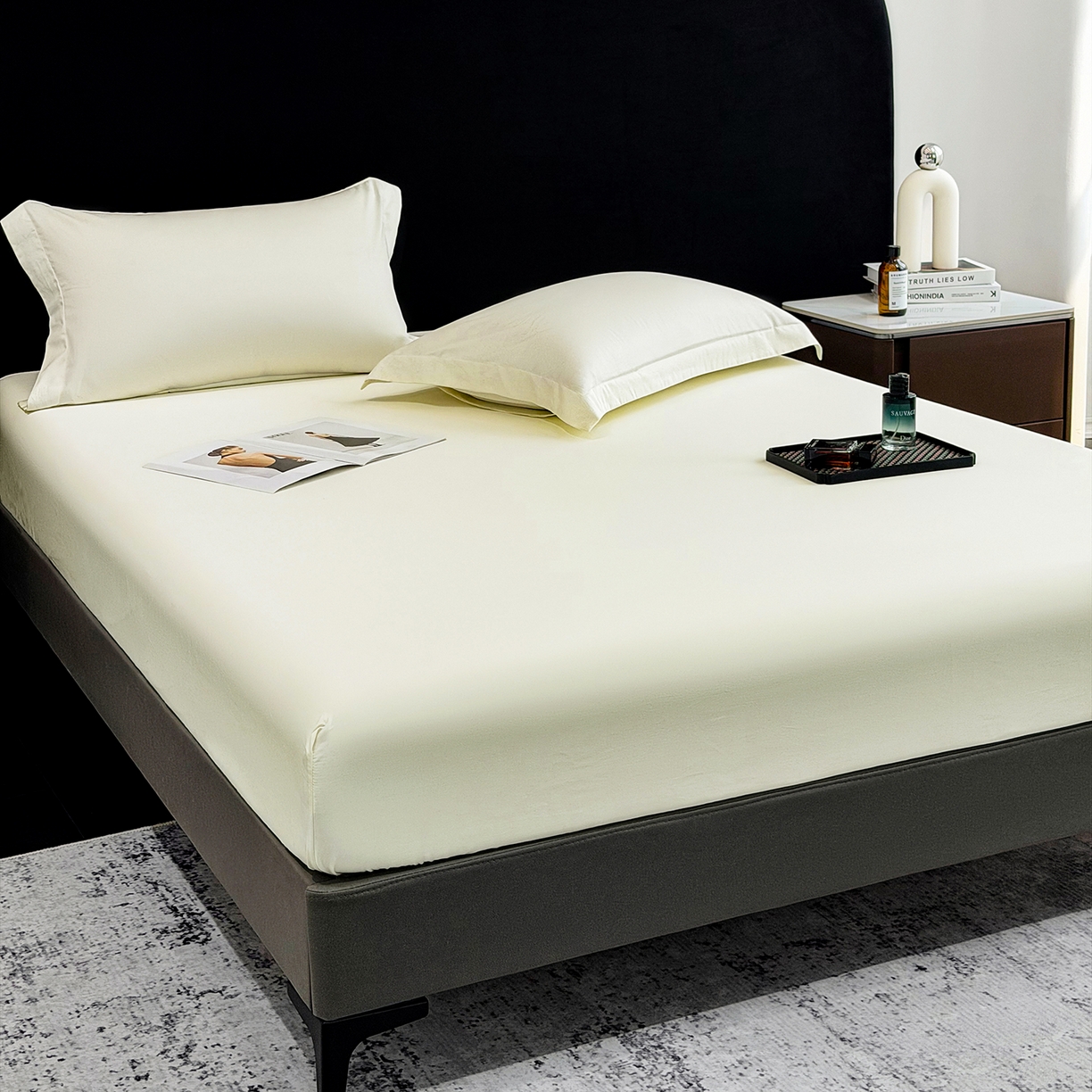 91家纺网 家纺一手货源 找家纺 欣宜家纺 2026春夏新款100支全棉纯棉50x50s贡缎长绒棉纯色素色单品床笠 床笠单件 奶昔白