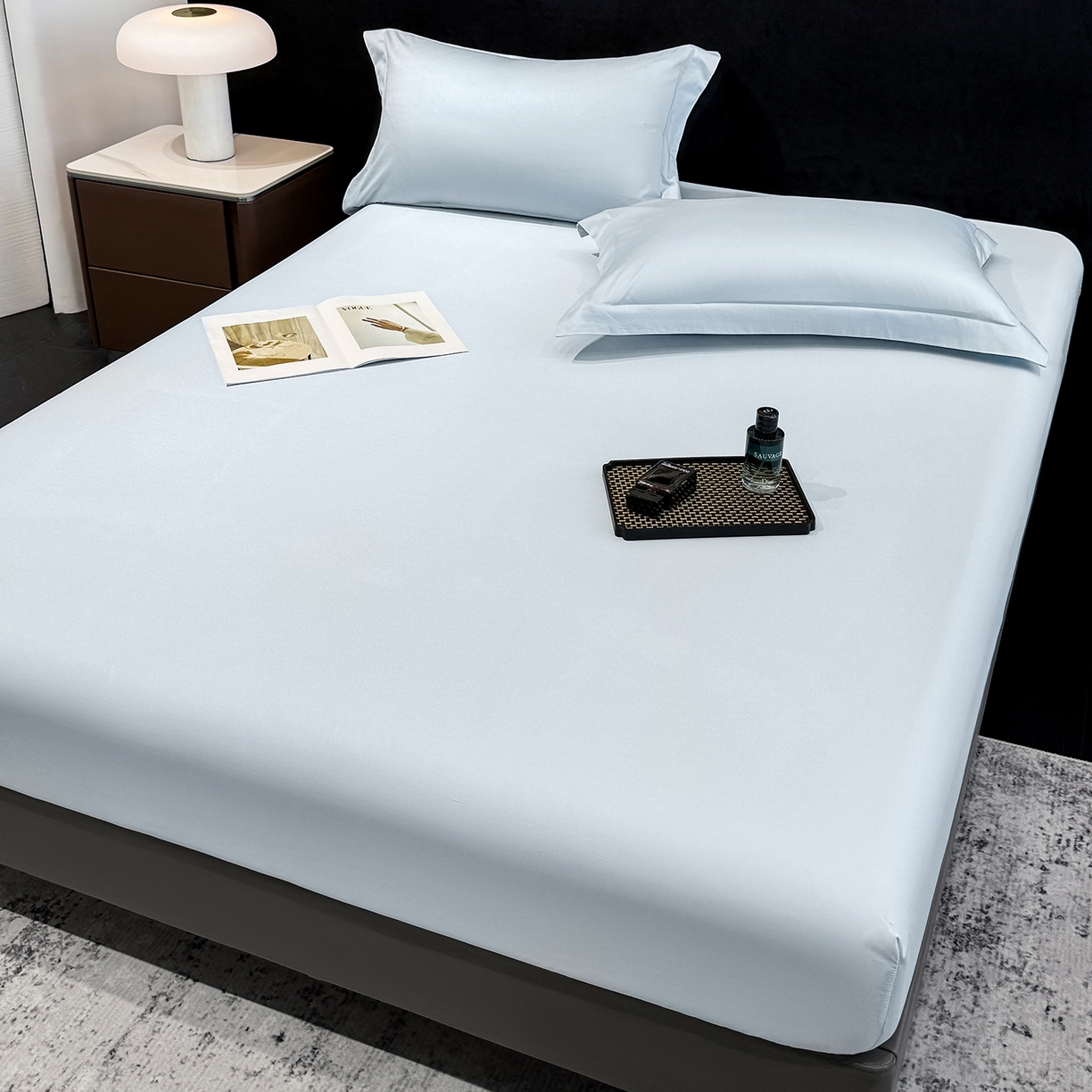 91家纺网 家纺一手货源 找家纺 欣宜家纺 2026春夏新款100支全棉纯棉50x50s贡缎长绒棉纯色素色单品床笠 床笠单件 天空蓝