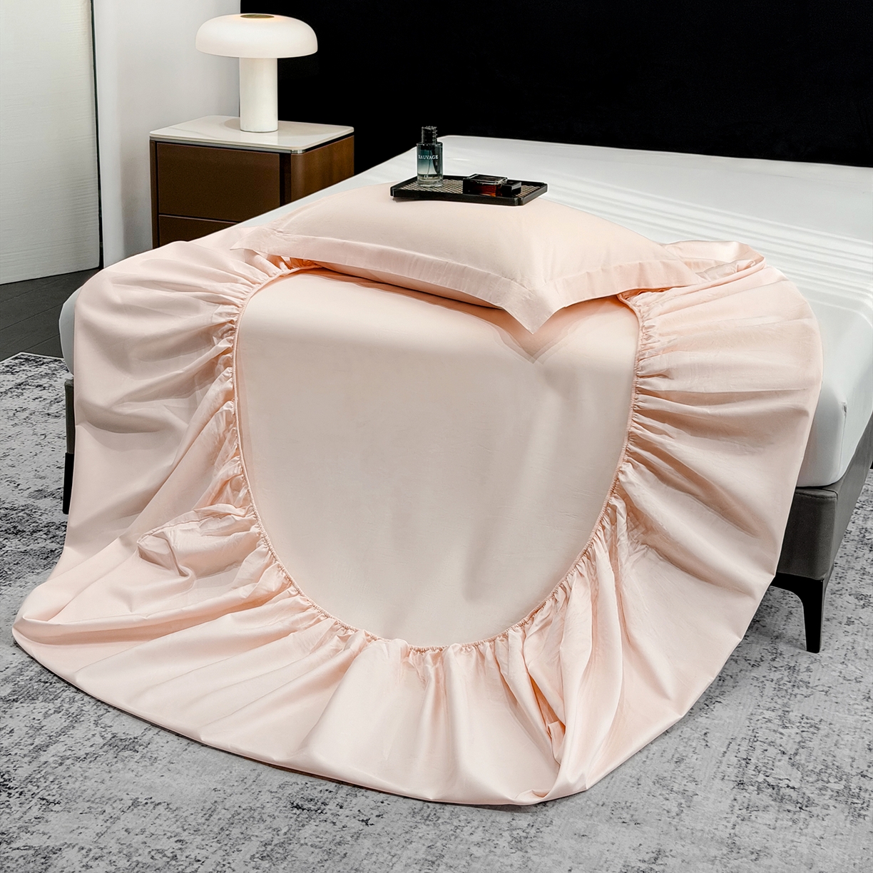 91家纺网 家纺一手货源 找家纺 欣宜家纺 2026春夏新款100支全棉纯棉50x50s贡缎长绒棉纯色素色单品床笠 床笠单件 轻奢粉