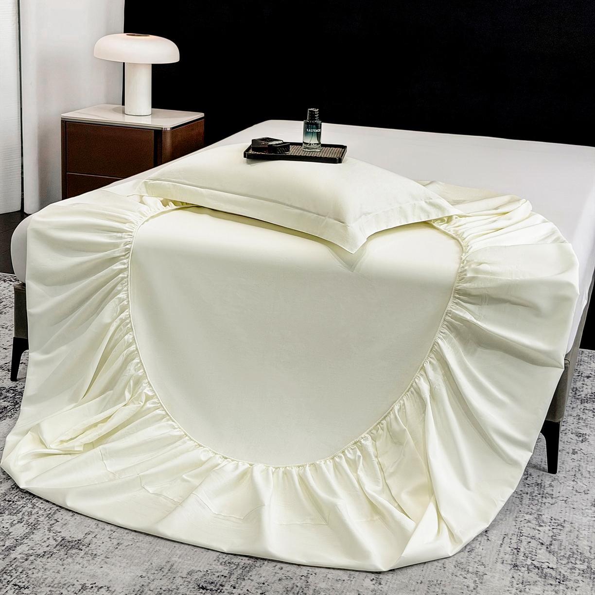 91家纺网 家纺一手货源 找家纺 欣宜家纺 2026春夏新款100支全棉纯棉50x50s贡缎长绒棉纯色素色单品床笠 床笠单件 奶昔白