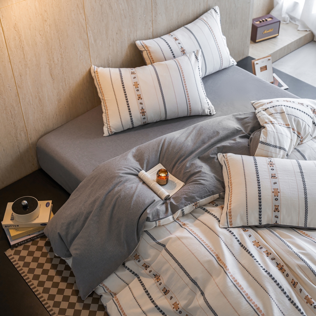 如一 2026新款全棉纯棉水洗棉卡通色织大提花四件套 甜点熊-灰咖