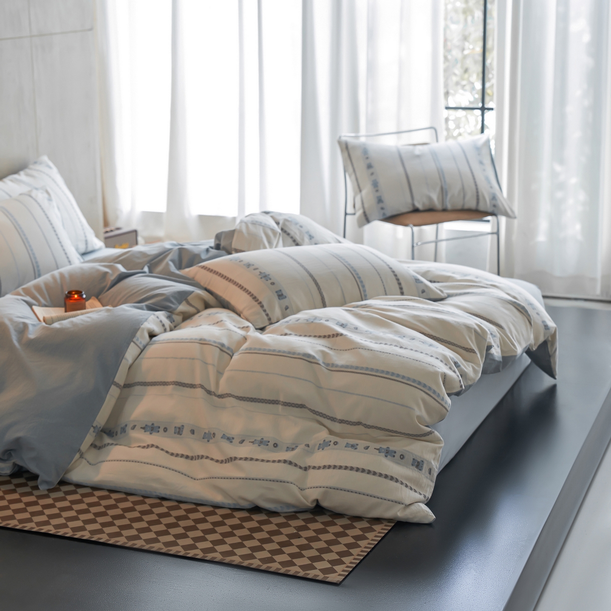 91家纺网 家纺一手货源 找家纺 如一 2026新款全棉纯棉水洗棉卡通色织大提花四件套 甜点熊-蓝灰